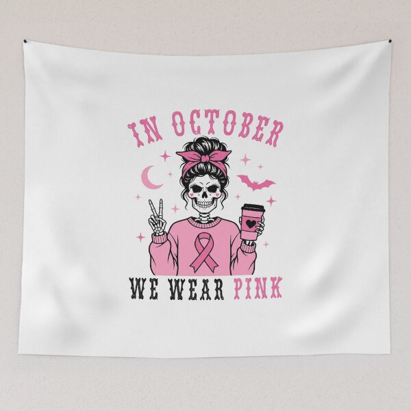 Item preview, In October We Wear Pink Breast Cancer Awareness Skeleton Messy Bun designed and sold by IsDesignHub.