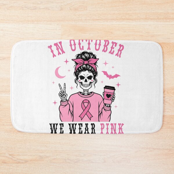 Item preview, In October We Wear Pink Breast Cancer Awareness Skeleton Messy Bun designed and sold by IsDesignHub.