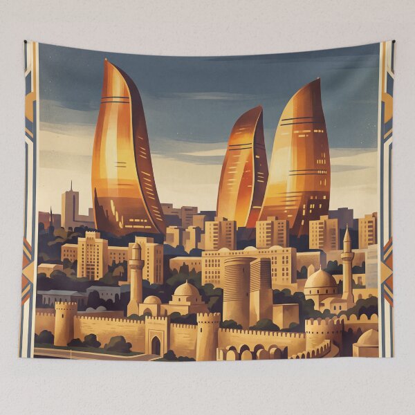 Item preview, Baku Azerbaijan Vintage Travel Poster – Flame Towers & Old City designed and sold by Bomax121.