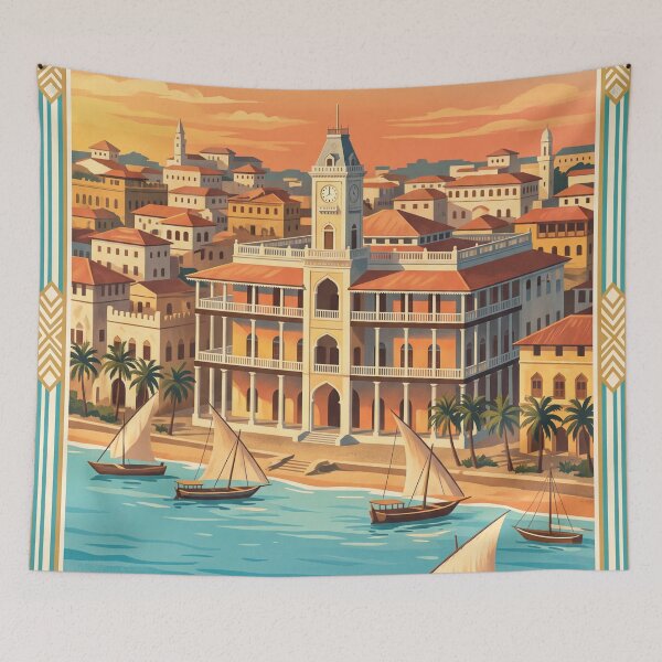 Item preview, Zanzibar Tanzania Vintage Travel Poster – Stone Town & Dhow Boats designed and sold by Bomax121.