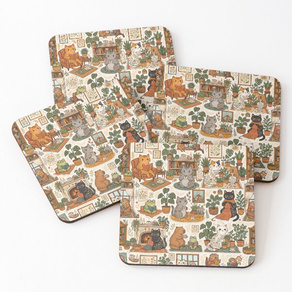 Item preview, Cozy Reading Cats Houseplant Folk Art Pattern designed and sold by Iampoji.