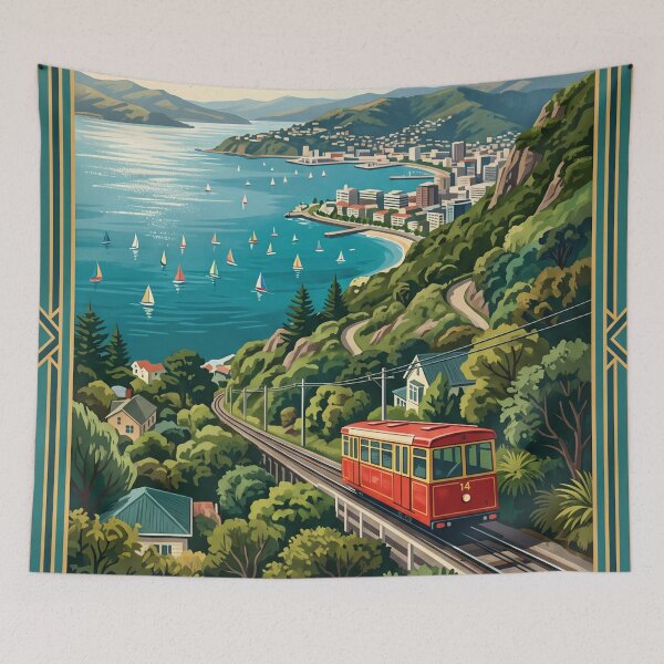 Item preview, Wellington New Zealand Vintage Travel Poster – Cable Car & Harbour designed and sold by Bomax121.