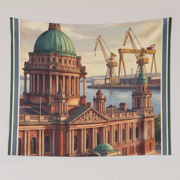 Item preview, Belfast Northern Ireland Vintage Travel Poster – City Hall & Shipyard designed and sold by Bomax121.