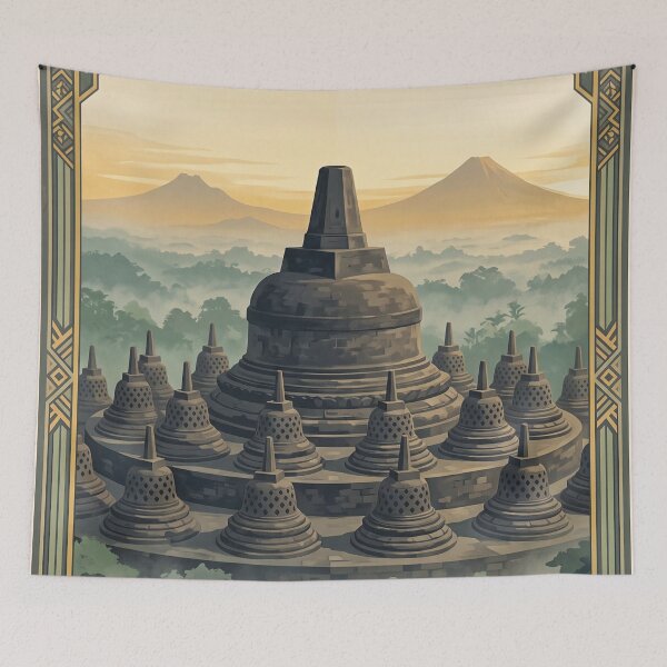 Item preview, Yogyakarta Indonesia Vintage Travel Poster – Borobudur & Mount Merapi designed and sold by Bomax121.