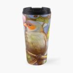 Orange Cheeked Waxbill Finch With Blueberries Realistic Painting Travel Mug