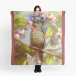 Orange Cheeked Waxbill Finch With Blueberries Realistic Painting Scarf