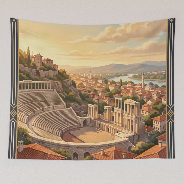 Item preview, Plovdiv Bulgaria Vintage Travel Poster – Ancient Theatre & Old Town designed and sold by Bomax121.