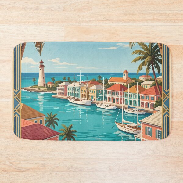 Item preview, Nassau Bahamas Vintage Travel Poster – Harbour, Lighthouse & Sailboats designed and sold by Bomax121.