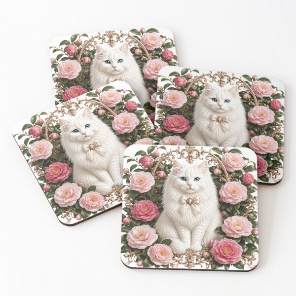 Item preview, Elegant White Cat with Pink Camellia Flowers & Ornate Gold Frame – Vintage Floral Clipart designed and sold by MoodLay.