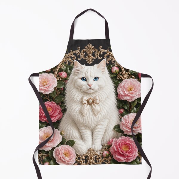 Item preview, Elegant White Cat with Pink Camellia Flowers & Ornate Gold Frame – Vintage Floral Clipart designed and sold by MoodLay.