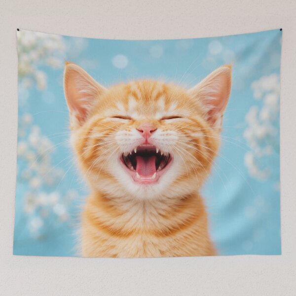 Item preview, Yawning Orange Kitten on Blue Bokeh Background designed and sold by Sasas Design.