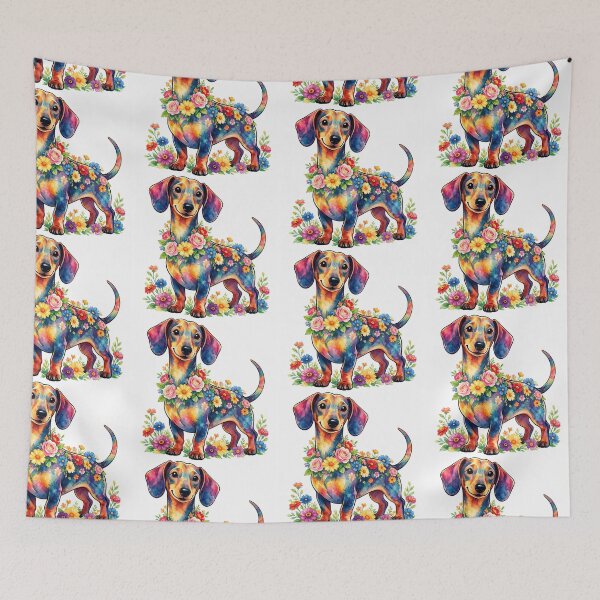 Item preview, Watercolor dachshund with colorful flowers designed and sold by DVerse Studio.