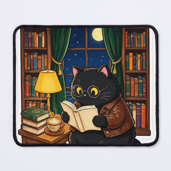 Item preview, Black cat reading books in a library designed and sold by DVerse Studio.