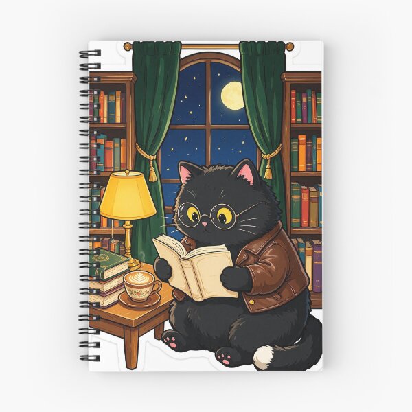 Item preview, Black cat reading books in a library designed and sold by DVerse Studio.