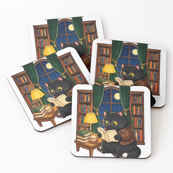 Item preview, Black cat reading books in a library designed and sold by DVerse Studio.