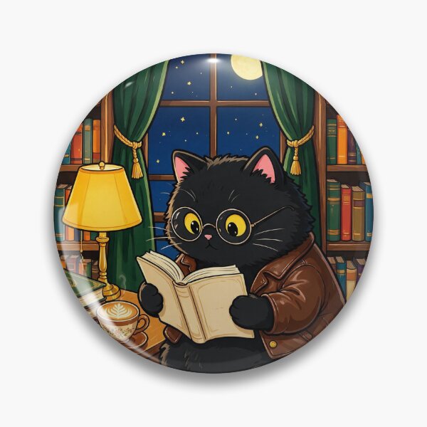 Item preview, Black cat reading books in a library designed and sold by DVerse Studio.
