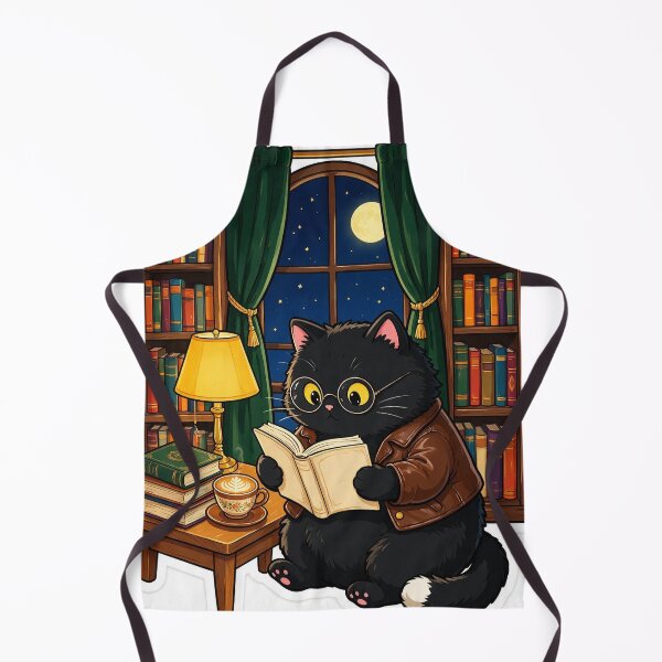 Item preview, Black cat reading books in a library designed and sold by DVerse Studio.