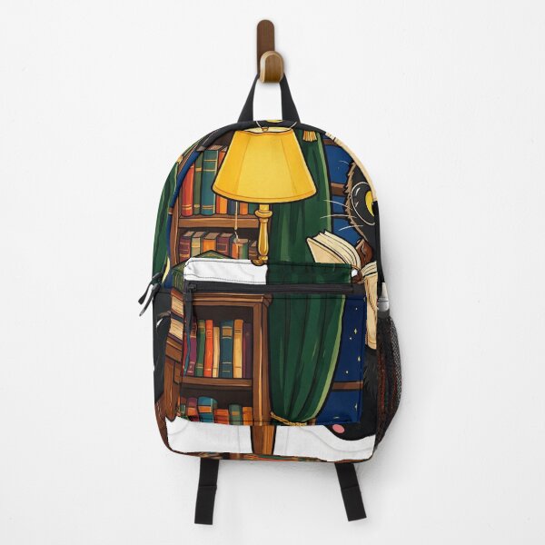 Item preview, Black cat reading books in a library designed and sold by DVerse Studio.