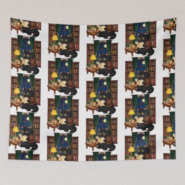 Item preview, Black cat reading books in a library designed and sold by DVerse Studio.