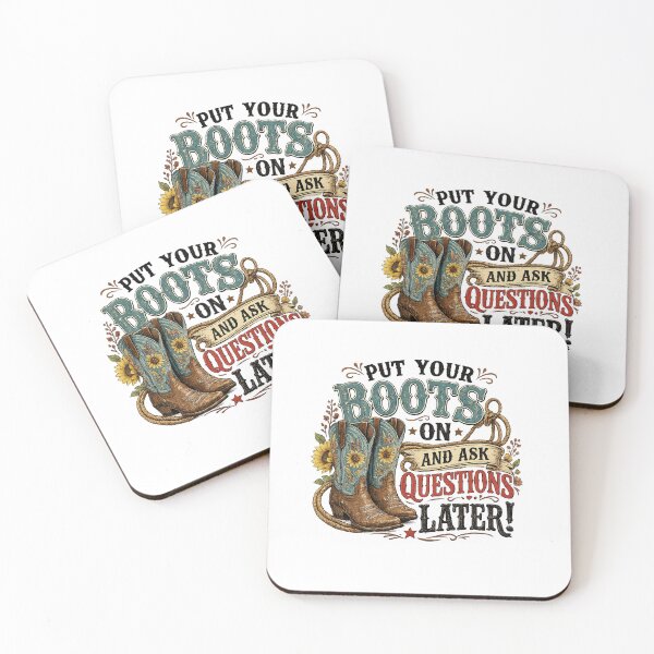 Artikelvorschau, Erst die Stiefel, dann die Fragen – Lustige Western-Cowboystiefel im Vintage-Design entworfen und verkauft von CreativeNest Prints.