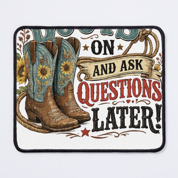 Item preview, Boots First, Questions Later – Funny Western Cowboy Boots Vintage Design designed and sold by CreativeNest Prints.