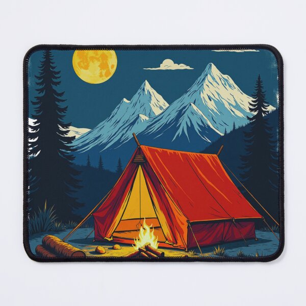 Item preview, Vintage Mountain Campfire Illustration - Retro Camping Tent Under Full Moon designed and sold by GabeMountainArt.