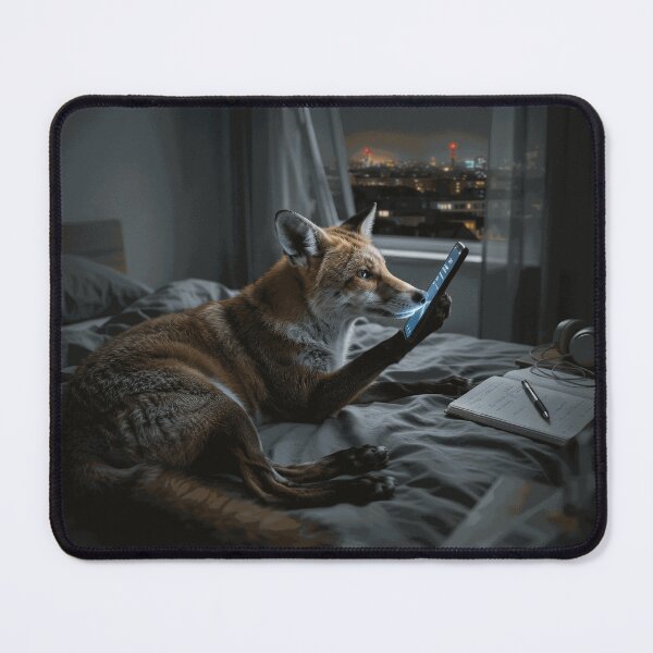 Item preview, Cozy Red Fox Using a Smartphone in a Moonlit Bedroom designed and sold by NolinVaudrin.