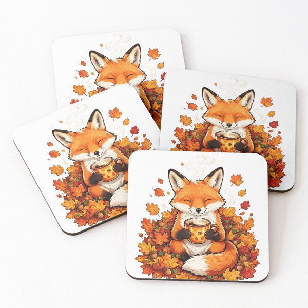 Item preview, Fox drinking coffee in autumn leaves. designed and sold by DVerse Studio.