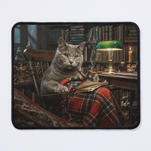 Item preview, Distinguished Gray Cat Scholar Smoking a Pipe in a Cozy Antique Library designed and sold by NolinVaudrin.