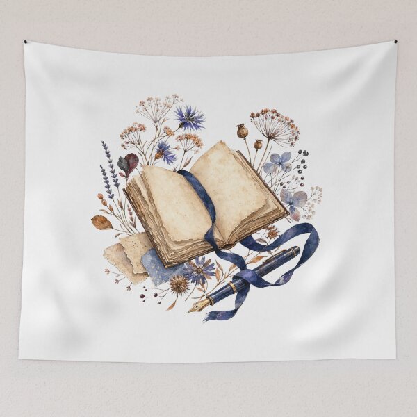 Item preview, Vintage Watercolor Open Book with Wildflowers and Fountain Pen – Reading Aesthetic designed and sold by sadedream.