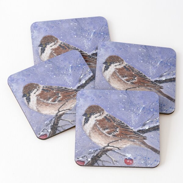 Item preview, Sparrow on Snowy Branch Watercolor – Minimal Winter Nature Scene | Calm Blue Winter Bird Art designed and sold by Tsveti_watercolors.