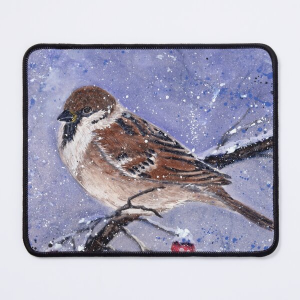 Item preview, Sparrow on Snowy Branch Watercolor – Minimal Winter Nature Scene | Calm Blue Winter Bird Art designed and sold by Tsveti_watercolors.