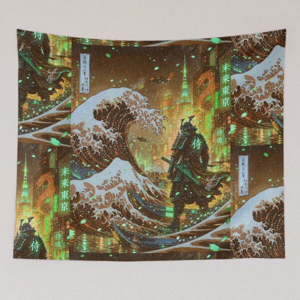 Item preview, Samurai Wave Illustration Aluminum Composite Panel | Japanese Ukiyo-e Neon City | Hokusai-inspired designed and sold by RhymeArc.