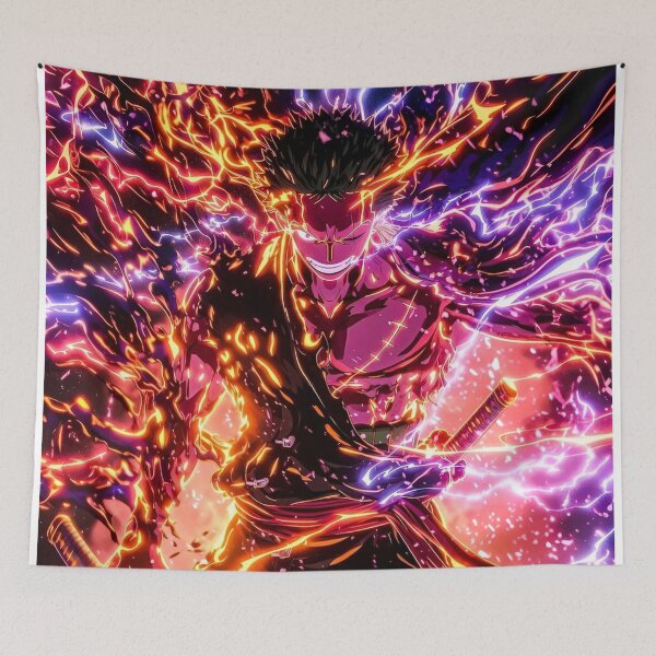 Item preview, Zoro | Inferno Storm Swordsman – Neon Fire & Lightning Warrior | Anime Style Fantasy Art designed and sold by Dyan4.