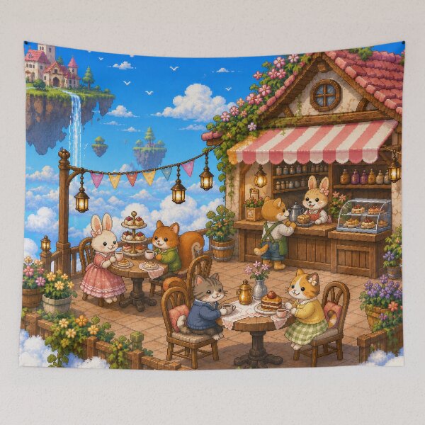 Item preview, Cozy Cloud Cafe Pixel Art Animal Tea Party designed and sold by Yiruda-Art.