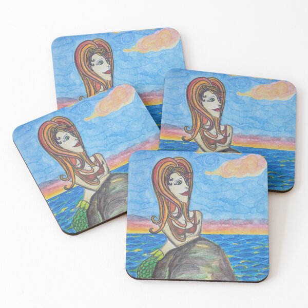 Item preview, Watercolor Mermaid Watching the Sunrise on Ocean Rocks designed and sold by PEACELOVERSART.