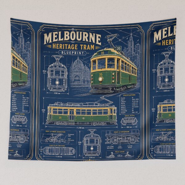 Item preview, Melbourne Heritage Tram Blueprint | Vintage W-Class Engineering Drawing | Australia Transit Gift designed and sold by Globalcitytees.