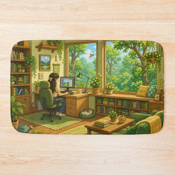Item preview, Cozy Forest Workspace Pixel Art Green Study Room designed and sold by Yiruda-Art.