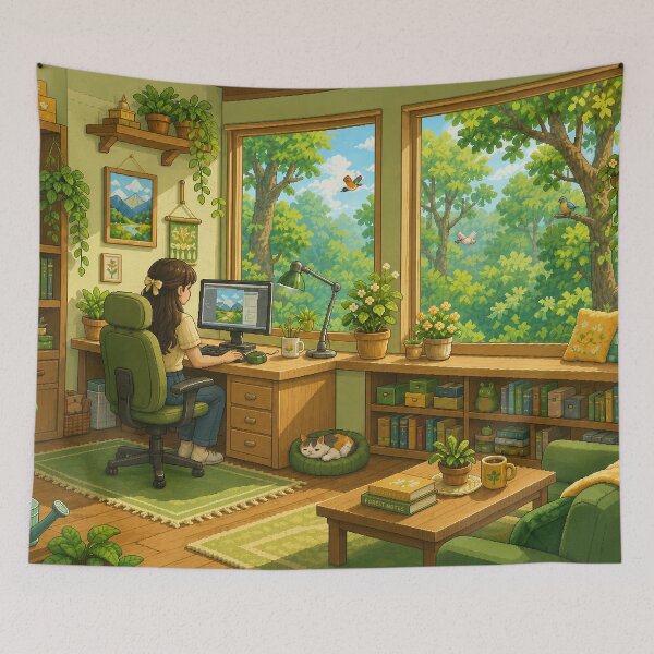 Item preview, Cozy Forest Workspace Pixel Art Green Study Room designed and sold by Yiruda-Art.