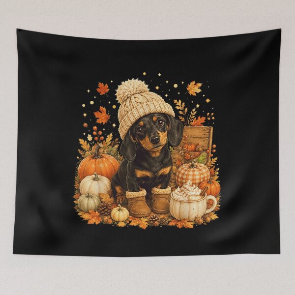 Item preview, Cute Dachshund Puppy Wearing Winter Beanie Hat In Pumpkin Patch Autumn Art designed and sold by Clyrexor.