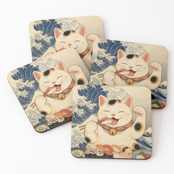 Item preview, Japanese Maneki Neko Cat Eating Sushi Ukiyo-e Art designed and sold by vekotpu.