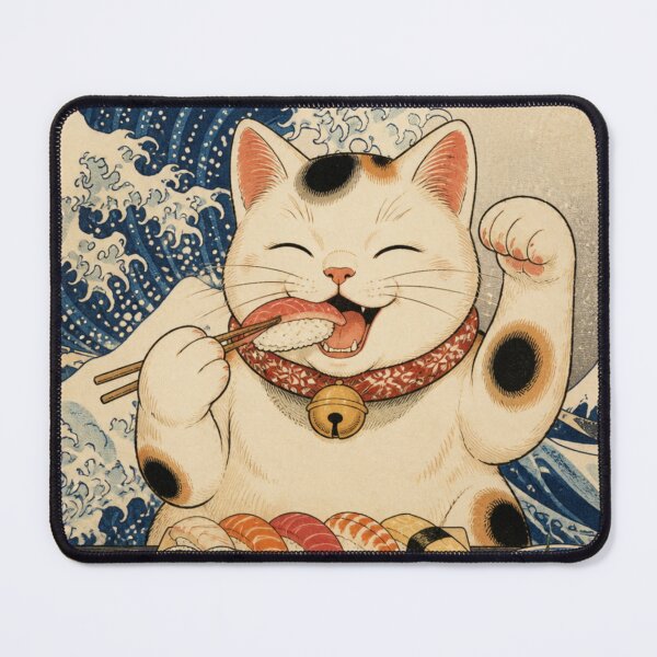 Item preview, Japanese Maneki Neko Cat Eating Sushi Ukiyo-e Art designed and sold by vekotpu.