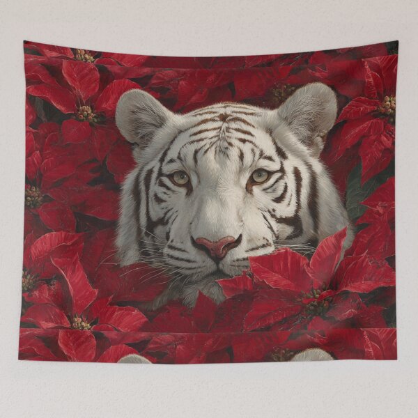 Item preview, Scarlet Winter Guardian — White Tiger Among Poinsettias designed and sold by TreatLLC.