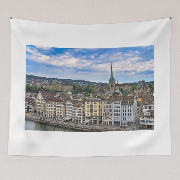 Item preview, Old town Zurich street with colorful buildings and churches towers, Switzerland designed and sold by goceris.