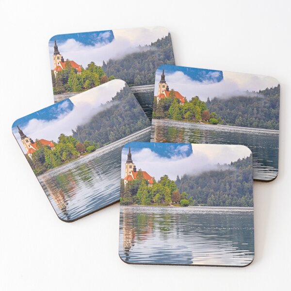 Item preview, Morning view of Pilgrimage Church of the Assumption of Maria, Bled lake landscape, Julian Alps, Slovenia designed and sold by goceris.