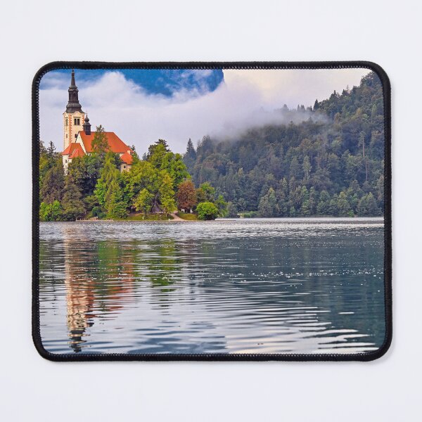 Item preview, Morning view of Pilgrimage Church of the Assumption of Maria, Bled lake landscape, Julian Alps, Slovenia designed and sold by goceris.