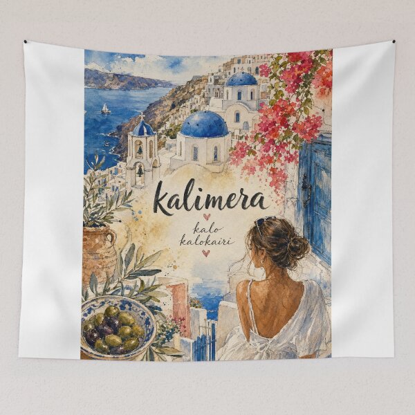 Item preview, Kalimera Santorini - Greece Hand Painted Watercolor Art designed and sold by VisualArtsOasis.