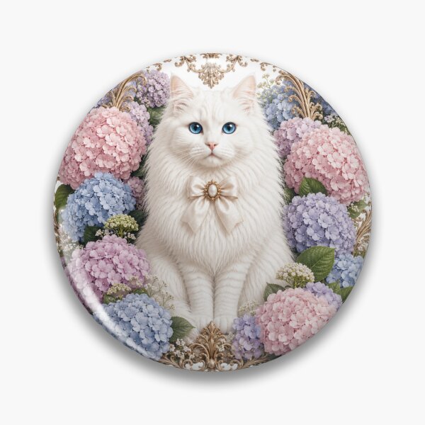 Item preview, White Cat with Pink & Blue Hydrangea Flowers and Ornate Gold Frame – Vintage Floral Clipart designed and sold by MoodLay.