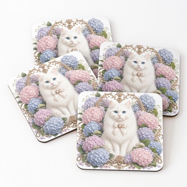 Item preview, White Cat with Pink & Blue Hydrangea Flowers and Ornate Gold Frame – Vintage Floral Clipart designed and sold by MoodLay.