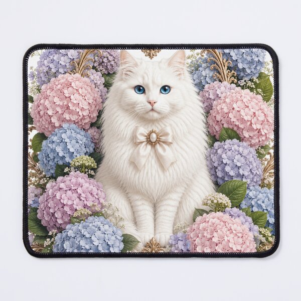 Item preview, White Cat with Pink & Blue Hydrangea Flowers and Ornate Gold Frame – Vintage Floral Clipart designed and sold by MoodLay.